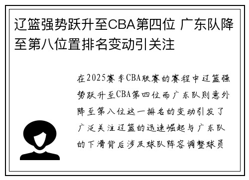 辽篮强势跃升至CBA第四位 广东队降至第八位置排名变动引关注
